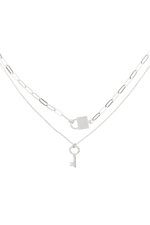 S1-5-1-INB405RH - LOCK & KEY CHARM LAYERED NECKLACE - SILVER/6PCS