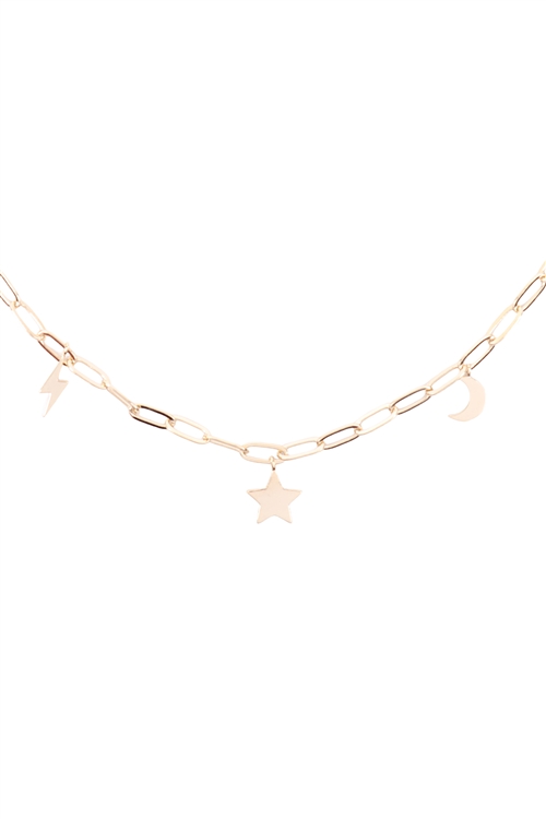 S1-8-2-INB455GD - MOON STAR THUNDER DAINTY BRASS CHAIN NECKLACE - GOLD/6PCS