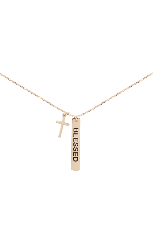 A2-2-4-INB532GDBLK - BLESSED BAR AND CROSS PENDANT NECKLACE - GOLD BLACK/6PCS