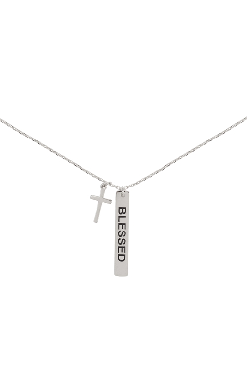 A2-2-4-INB532RHBLK - BLESSED BAR AND CROSS PENDANT NECKLACE - SILVER BLACK/6PCS