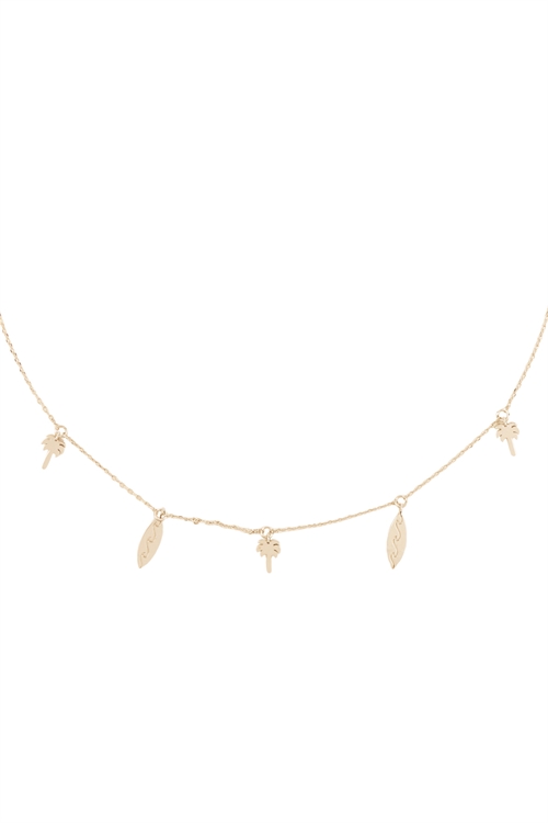 S1-3-2-INB557GD - PALM TREE & SURF BOARD BRASS DAINTY NECKLACE - GOLD/1PC (NOW $2.00 ONLY!)