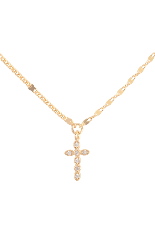 S1-3-4-INB738GDCRY - CROSS CUBIC ZIRCONIA PENDANT MIX CHAIN NECKLACE-GOLD CRYSTAL/6PCS