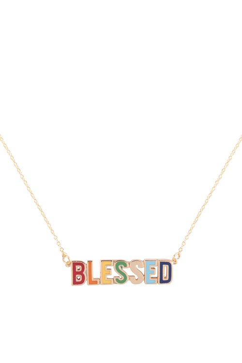 A3-2-4-INC009BLGD - "BLESSED" COLOR BLOCK PENDANT BRASS NECKLACE - GOLD/1PC (NOW $1.75 ONLY!)
