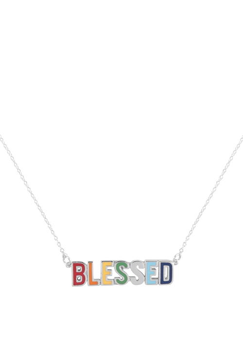 A3-2-4-INC009BLRH - "BLESSED" COLOR BLOCK PENDANT BRASS NECKLACE - SILVER/1PC (NOW $1.75 ONLY!)