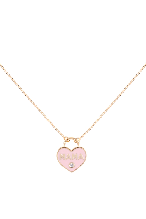A3-2-4-INC022GDPNK - "MAMA" HEART LOCK W/COLOR PENDANT BRASS NECKLACE - GOLD PINK/1PC
