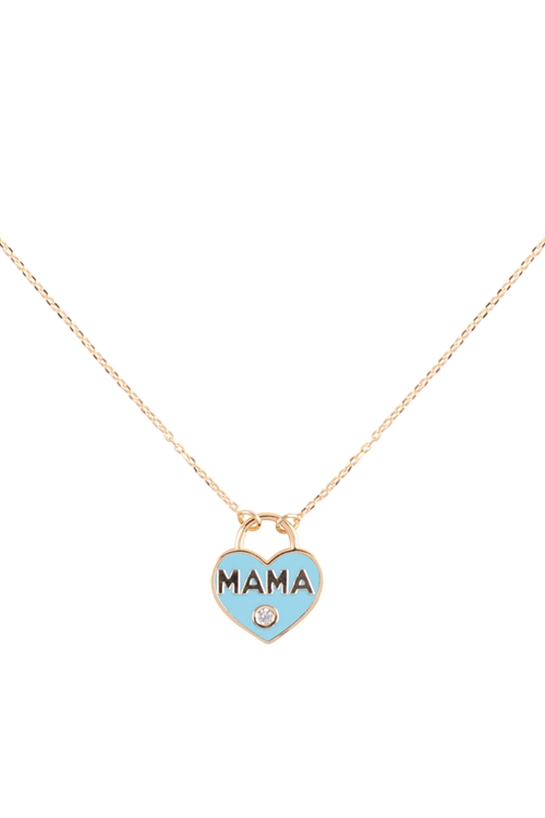 A3-2-4-INC022GDTUQ - "MAMA" HEART LOCK W/COLOR PENDANT BRASS NECKLACE - GOLD TURQUOISE/1PC