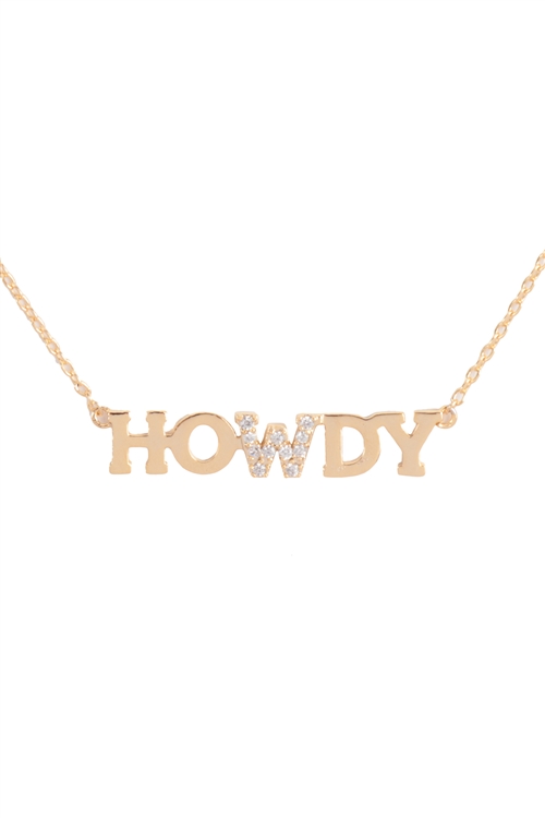 S1-3-4-INC107GDCRY - "HOWDY" LETTER PERSONALIZED CUBIC ZIRCONIA PENDANT BRASS NECKLACE -GOLD CRYSTAL/6PCS