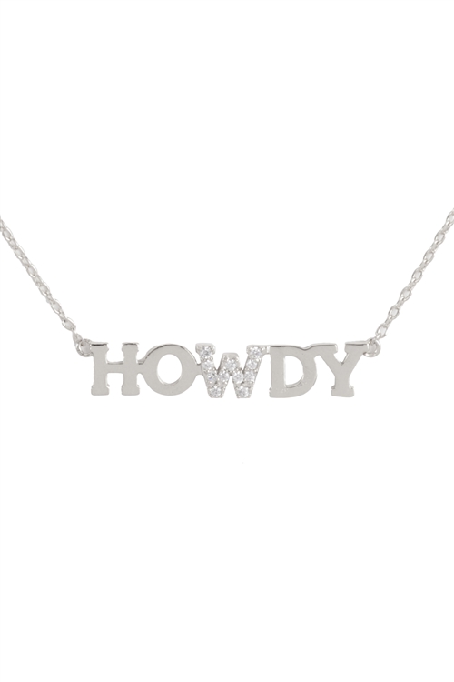 S1-3-4-INC107RHCRY - "HOWDY" LETTER PERSONALIZED CUBIC ZIRCONIA PENDANT BRASS NECKLACE -SILVER CRYSTAL/6PCS