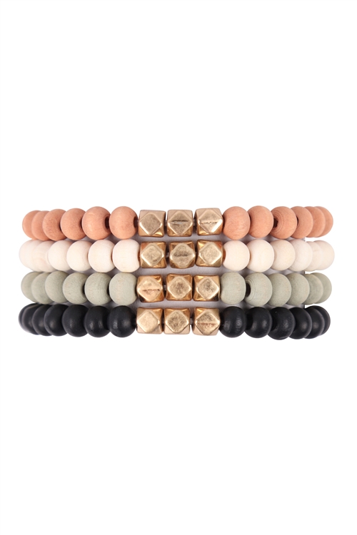 SA3-3-5-JB2371MT - QUAD WOOD STACKABLE CHARM STRETCH BRACELET - MULTICOLOR/6PCS