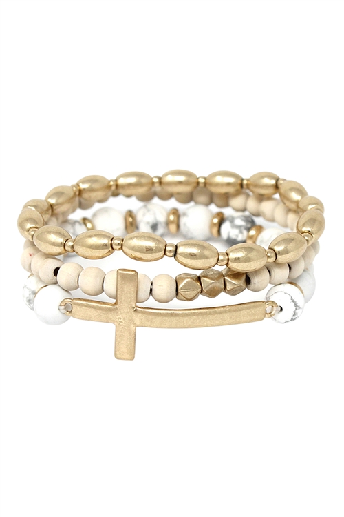 A1-2-2-JB2389WGWH - CROSS STRETCH MIX BEAD BRACELET SET - MATTE GOLD WHITE/6PCS