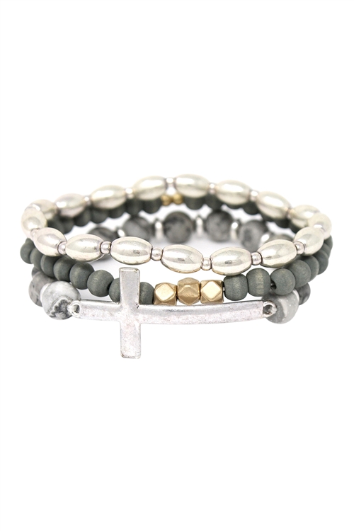 A1-2-2-JB2389WSCJ - CROSS STRETCH MIX BEAD BRACELET SET - MATTE SILVER CRAZY JASPER/6PCS