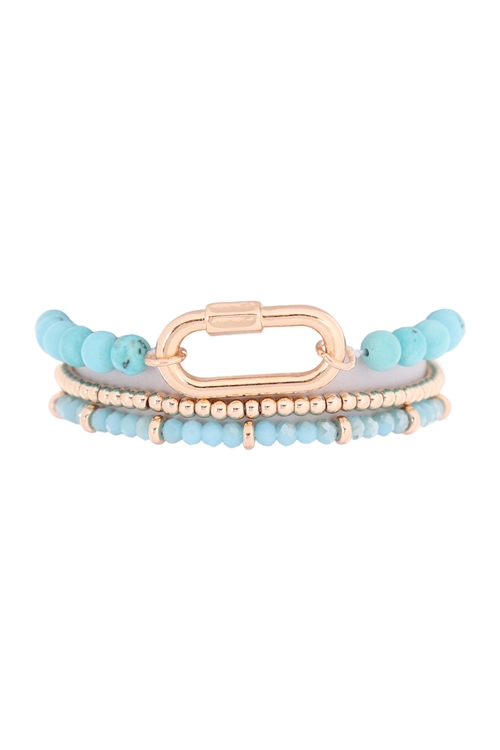 S6-5-4-JB2407GDTQ - 3 LINES NATURAL STONE CCB STRETCH BRACELET - GOLD TURQUOISE/6PCS