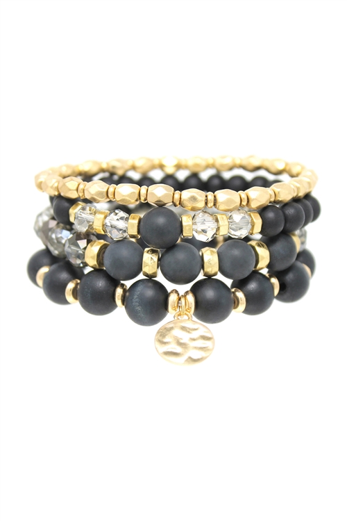 S5-5-1-JB2441WGBK - NATURAL STONE WOOD BEAD DISK PENDANT STACKABLE VERSATILE CHARM BRACELET - MATTE GOLD BLACK/1PC (NOW $4.00 ONLY!)