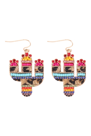 S4-4-5-JCE4681GDMT - CACTUS MIX SEED BEAD RHINESTONE GENUINE LEATHER PAVE DROP EARRINGS - GOLD MULTICOLOR/1PC (NOW $4.00 ONLY!)