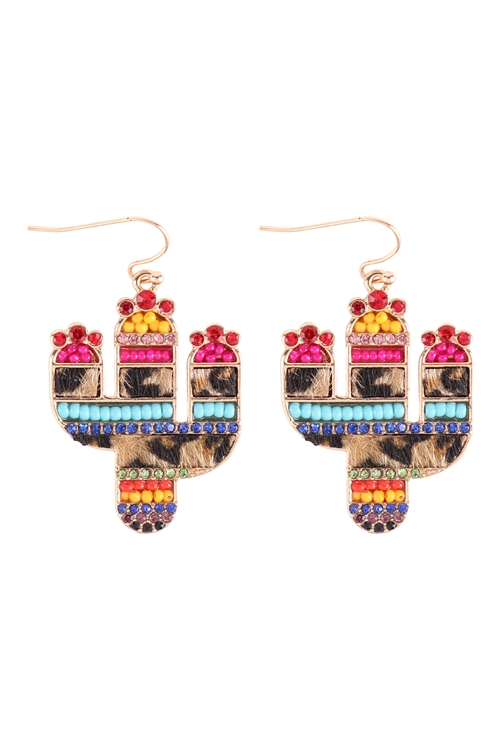 S4-4-5-JCE4681GDMT - CACTUS MIX SEED BEAD RHINESTONE GENUINE LEATHER PAVE DROP EARRINGS - GOLD MULTICOLOR/1PC (NOW $4.00 ONLY!)