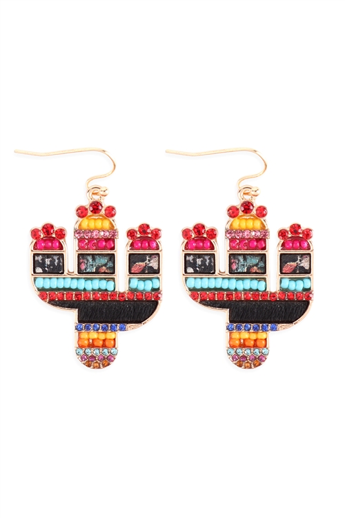 S4-4-5-JCE4713-1GDMT - CACTUS MIX SEED BEAD RHINESTONE GENUINE LEATHER PAVE DROP EARRINGS - GOLD MULTICOLOR/1PC