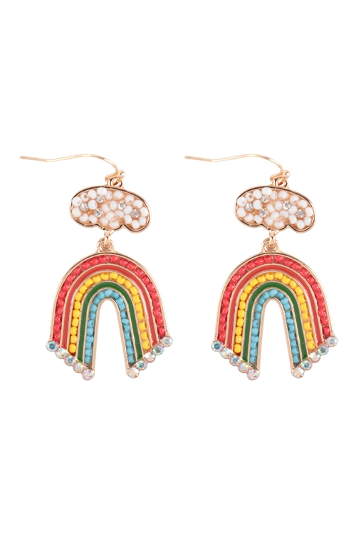 S7-4-3-JCE4789GDMT - RAINBOW SEED BEADS RHINESTONE FISH HOOK EARRINGS -  GOLD MULTICOLOR/1PC