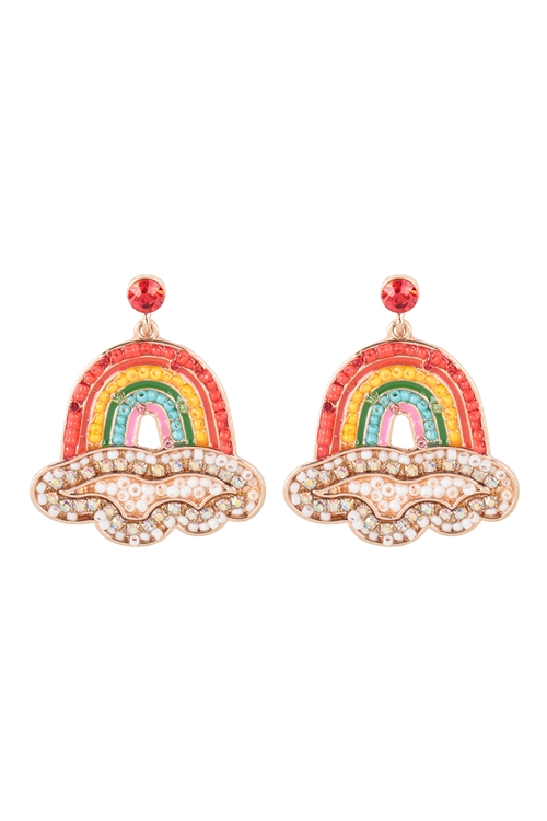 S7-6-3-JCE4791GDMT - RAINBOW W/ CLOUDS SEED BEADS RHINESTONE POST EARRINGS - GOLD MULTICOLOR/1PC