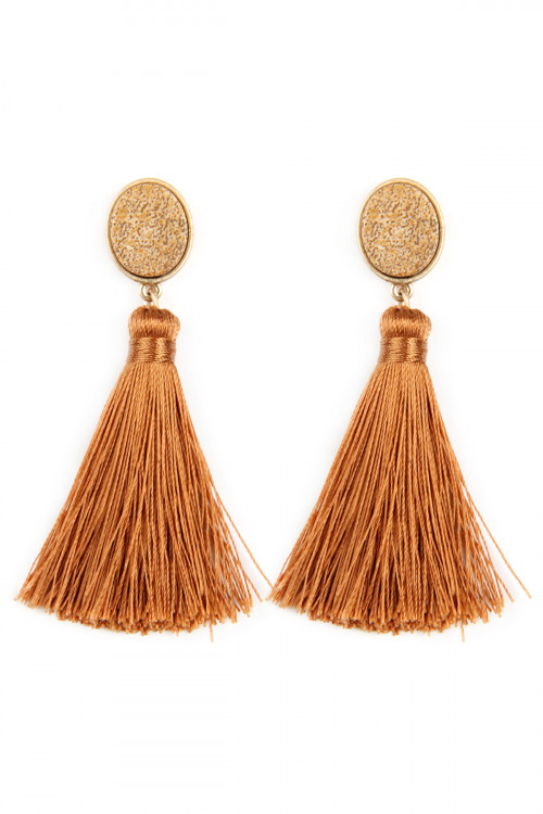 S22-6-3-JEB141WGBRW - STONE WITH TASSEL POST EARRINGS - BROWN/6PCS