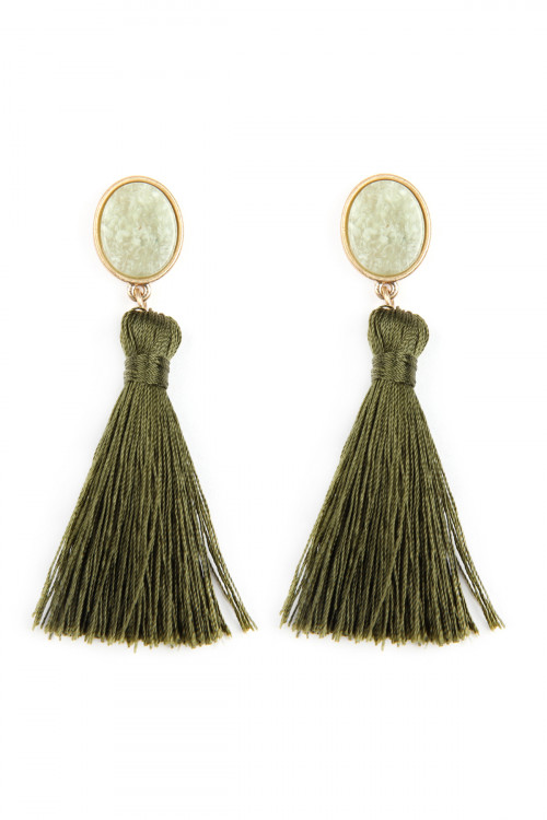 A2-3-2-JEB141WGOLV OLIVE STONE WITH TASSEL POST EARRINGS/6PAIRS