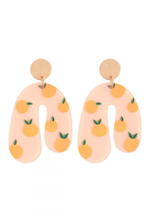 S6-4-4-JEB677WGPNK - FRUIT PRINT ACRYLIC  U DROP EARRINGS - MATTE GOLD PINK/6PCS