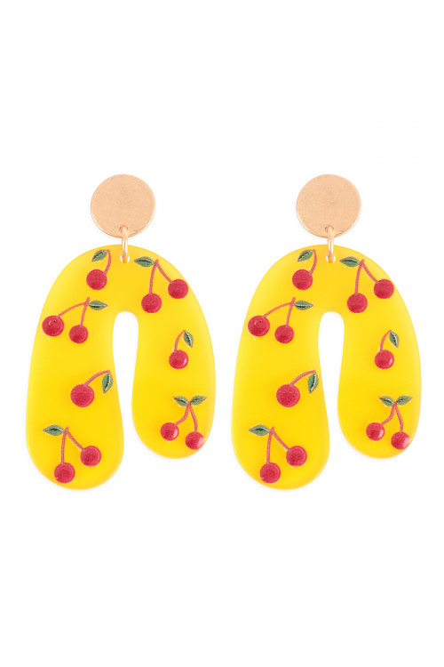 S6-4-4-JEB677WGYEW - FRUIT PRINT ACRYLIC  U DROP EARRINGS - MATTE GOLD LIGHT YELLOW/6PCS