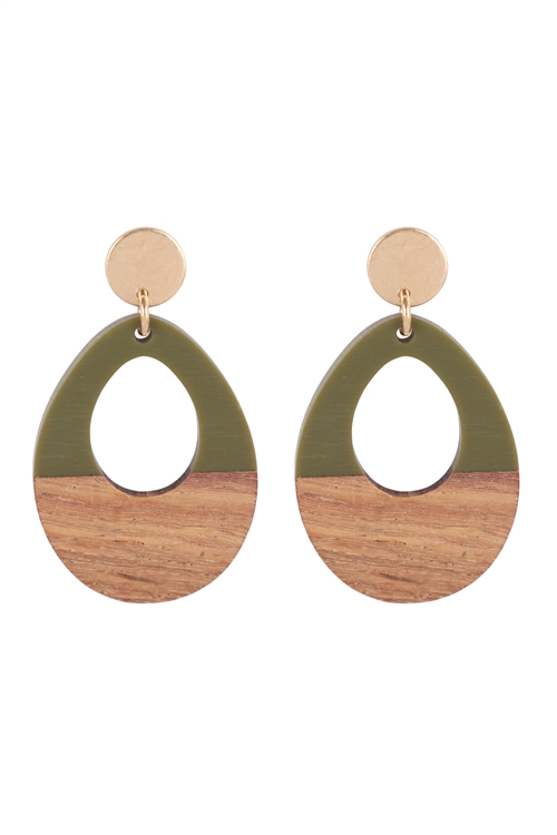 A2-1-3-JEB753WGOLV - OPEN TEARDROP WOOD POST EARRINGS - MATTE GOLD OLIVE/6PCS