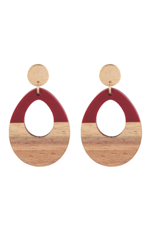 A2-1-3-JEB753WGWIN - OPEN TEARDROP WOOD POST EARRINGS - MATTE GOLD WINE/6PCS