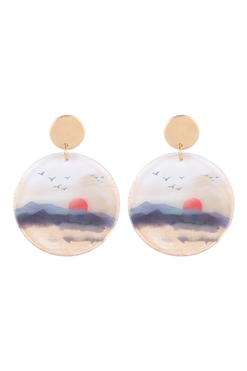 A3-2-3-JEB824WGMBL - WATERCOLOR PRINT ACRYLIC ROUND DROP EARRINGS - MATTE GOLD MONTANA BLUE/6PCS