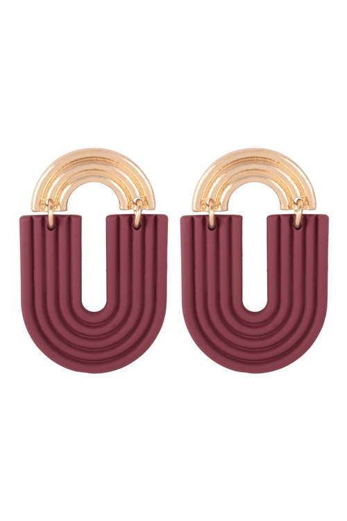 S7-4-2-JEB930WGBUR -  RAINBOW POST COLOR U SHAPE DROP EARRINGS - MATTE GOLD BURGUNDY/1PC