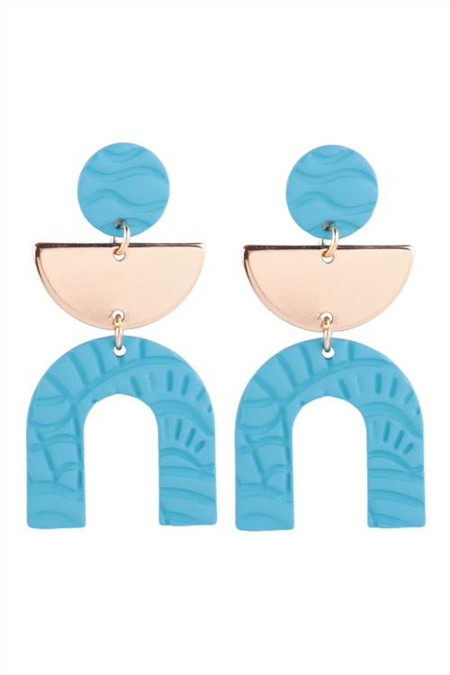 A3-2-3-JEB936GDTUQ - COLOR ROUND POST HALF CIRCLE  U PATTER DROP LINK EARRINGS-MATTE GOLD TURQUOISE/1PC