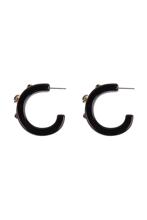 SA4-3-4-JEC023GDBLK - HALF CIRCLE RESIN HOOP W/ GLASS STONE EARRINGS - GOLD BLACK/6PCS