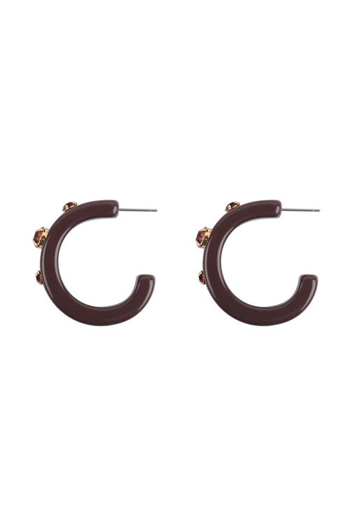 SA4-3-4-JEC023GDBRW - HALF CIRCLE RESIN HOOP W/ GLASS STONE EARRINGS - GOLD BROWN/6PCS