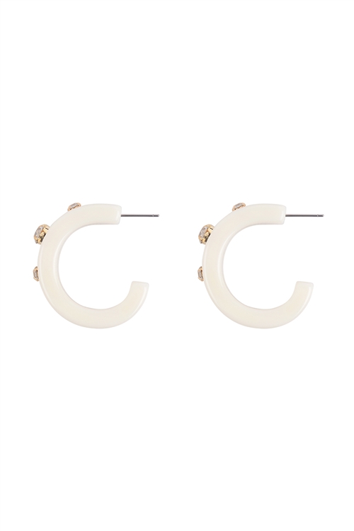 SA4-3-4-JEC023GDIVY - HALF CIRCLE RESIN HOOP W/ GLASS STONE EARRINGS - GOLD IVORY/6PCS