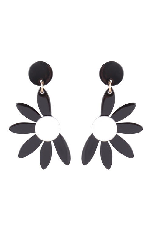 S1-8-3-JEC443GDBNW - HALF DAISY FLOWER ACRYLIC  DROP EARRINGS-BLACK AND WHITE/6PCS