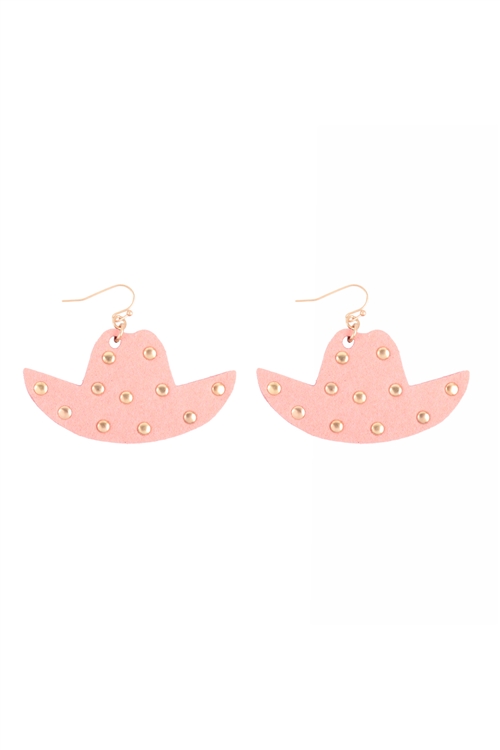 S1-5-3-JEC449WGPNK - WESTERN SUEDE COWBOY HAT DROP EARRINGS-MATTE GOLD PINK/6PCS