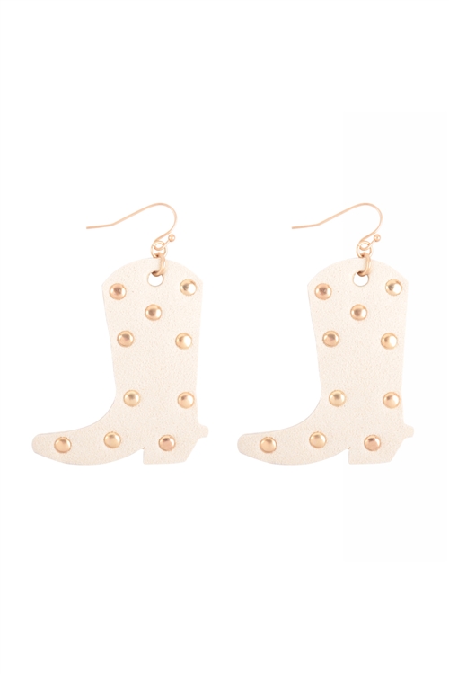 S1-6-1-JEC454WGIVY - WESTERN SUEDE COWBOY BOOTS DROP EARRINGS-MATTE GOLD IVORY/6PCS