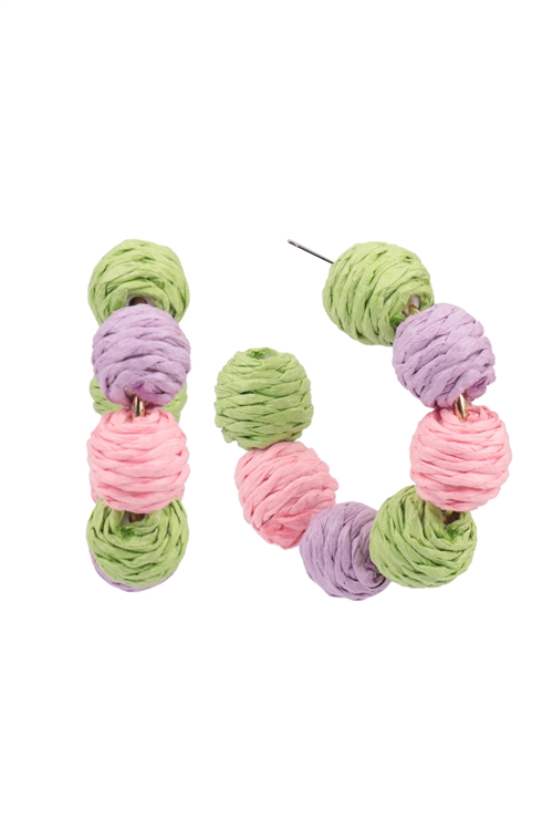 A2-1-4-JED201GDMLV - COLOR BLOCKED RAFFIA BALL HOOP EARRINGS-LAVENDER/1PC