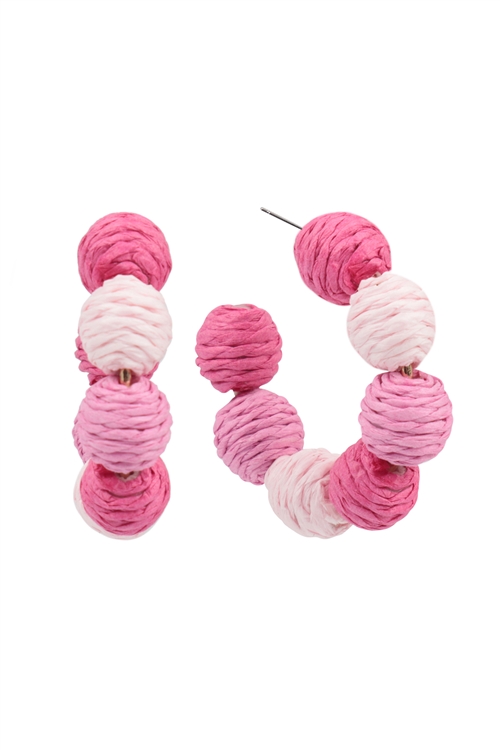 A2-1-4-JED201GDPNK - COLOR BLOCKED RAFFIA BALL HOOP EARRINGS-PINK/1PC