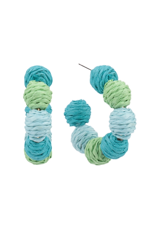 A2-1-4-JED201GDTUQ - COLOR BLOCKED RAFFIA BALL HOOP EARRINGS-TURQUOISE/1PC