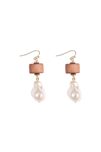 A1-3-1-JED386GDBRW - WOOD, FRESH WATER PEARL DROP FISH HOOK EARRINGS-GOLD BROWN/1PC
