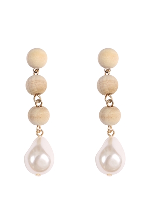 A1-1-1-JED387GDIVY - 3 WOOD BALL , FRESH WATER PEARL LINEAR DROP EARRINGS-GOLD IVORY/1PC