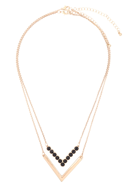 A1-2-2-JN0575WGBK - LAYERED V  SHAPE NATURAL STONE & METAL NECKLACES- MATTE GOLD BLACK JASPER/6PCS