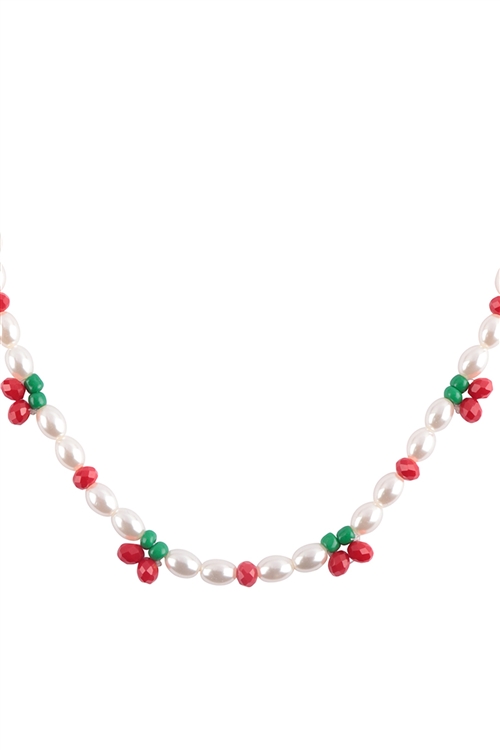 A3-2-3-JNB522GDMRE - CHERRY & PEARL BEADED NECKLACE - CREAM/6PCS