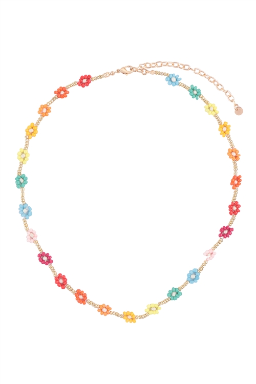 S1-5-4-JNB586GDMLT - FLOWER SEED BEADS STATIONARY CHARM NECKLACE - GOLD MULTICOLOR/6PCS