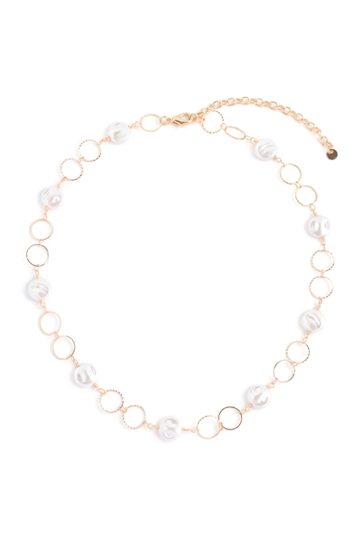 S1-5-4-JNB728GDCRM - ROUND PEARL LINK CHAIN NECKLACE -GOLD CREAM/1PC