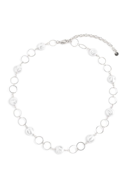 S1-5-4-JNB728RHCRM - ROUND PEARL LINK CHAIN NECKLACE -SILVER CREAM/1PC