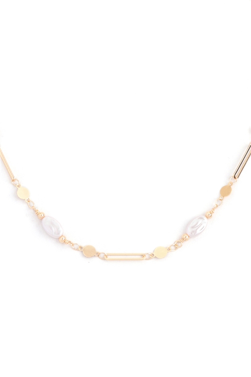 A2-1-5-JNB729GDCRM - OVAL PEARL STATIONARY CHAIN NECKLACE-GOLD CREAM/1PC