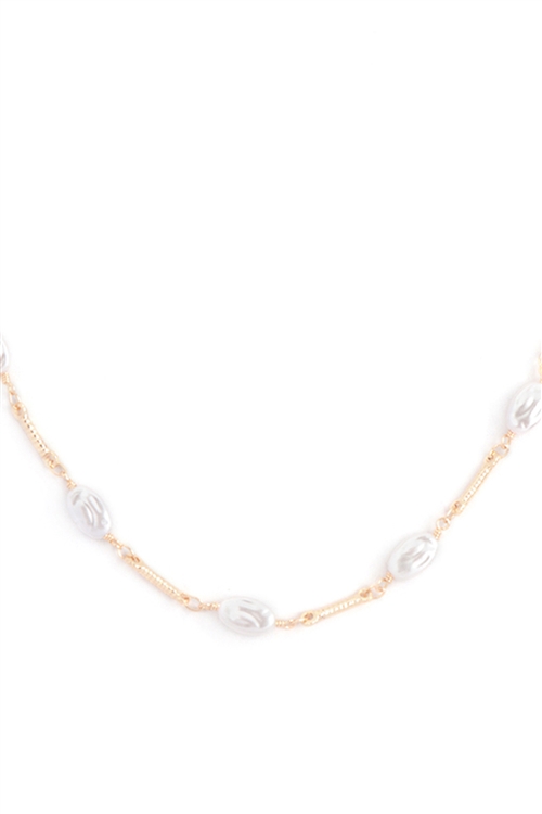 A2-1-4-JNB732GDCRM - OVAL PEARL STATIONARY CHAIN BRASS NECKLACE-GOLD CREAM/1PC