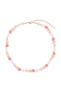 A1-2-1-JNB771GDCOR - BRASS PEARL FLOWER SEED BEAD NECKLACE-CORAL/1PC